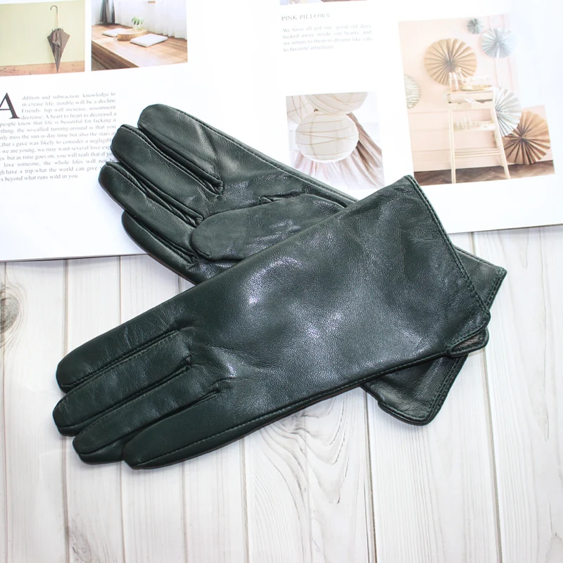 New Women's Leather Color Gloves Sheepskin Classic Straight Style Knitted Lining Spring Driving Mittens Autumn