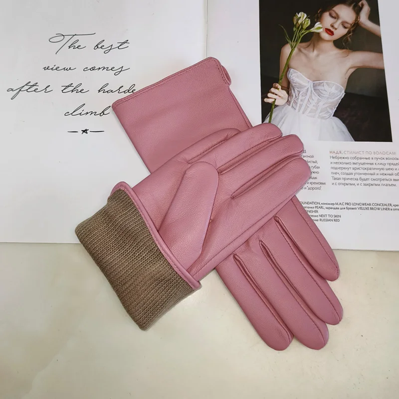 New Women's Leather Color Gloves Sheepskin Classic Straight Style Knitted Lining Spring Driving Mittens Autumn