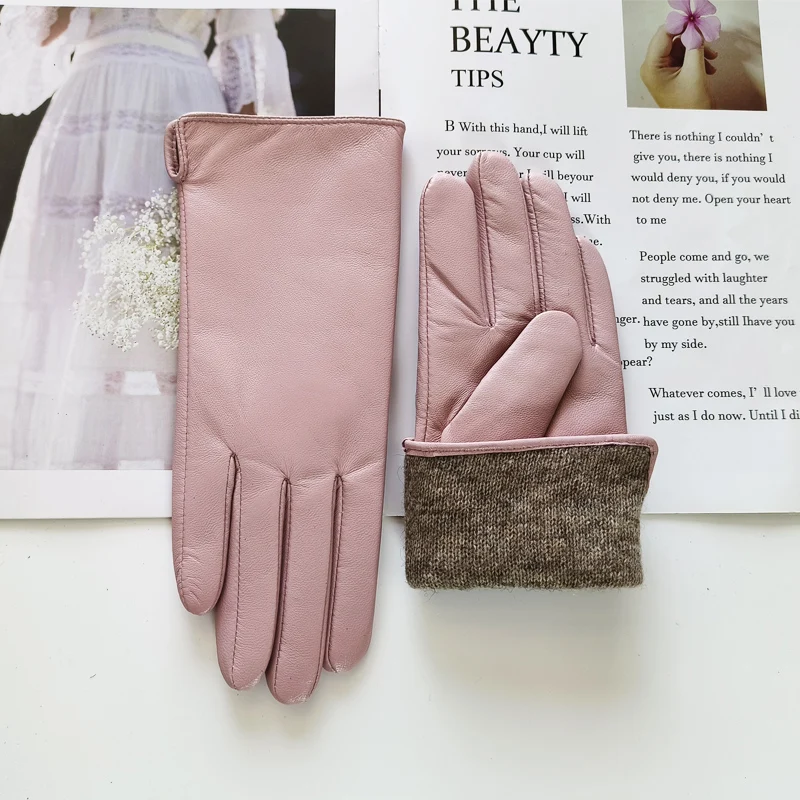 New Women's Leather Color Gloves Sheepskin Classic Straight Style Knitted Lining Spring Driving Mittens Autumn