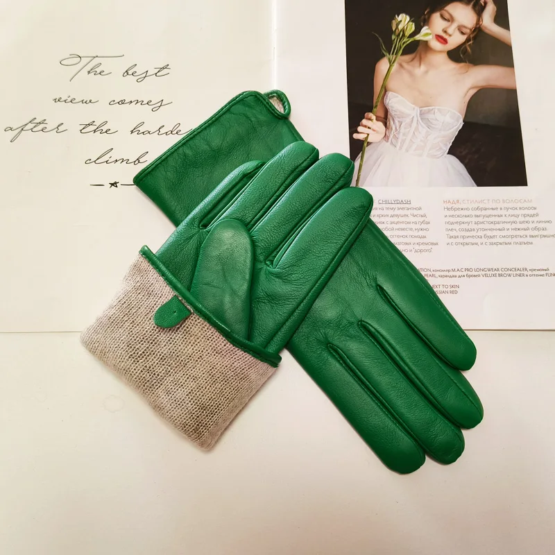 New Women's Leather Color Gloves Sheepskin Classic Straight Style Knitted Lining Spring Driving Mittens Autumn