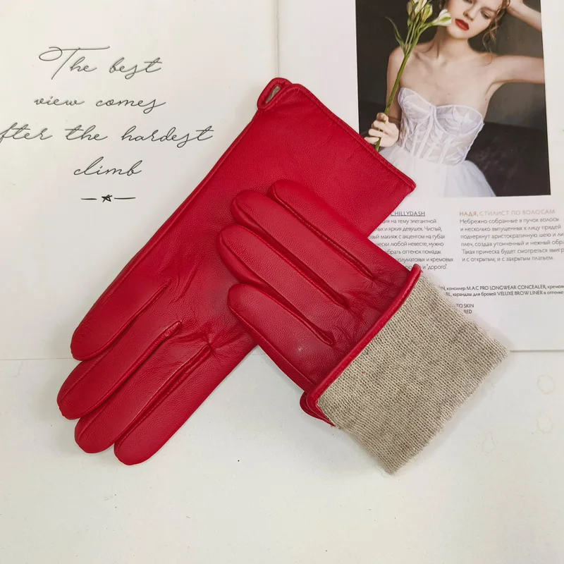 New Women's Leather Color Gloves Sheepskin Classic Straight Style Knitted Lining Spring Driving Mittens Autumn