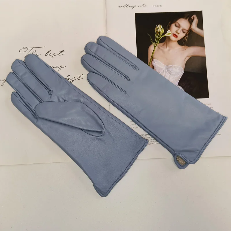 New Women's Leather Color Gloves Sheepskin Classic Straight Style Knitted Lining Spring Driving Mittens Autumn