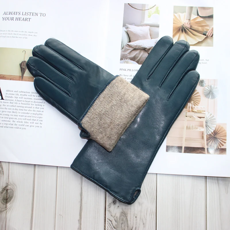 New Women's Leather Color Gloves Sheepskin Classic Straight Style Knitted Lining Spring Driving Mittens Autumn