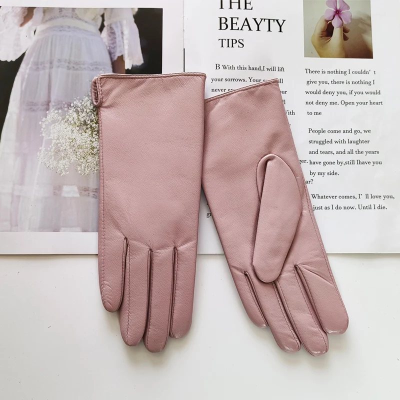 New Women's Leather Color Gloves Sheepskin Classic Straight Style Knitted Lining Spring Driving Mittens Autumn