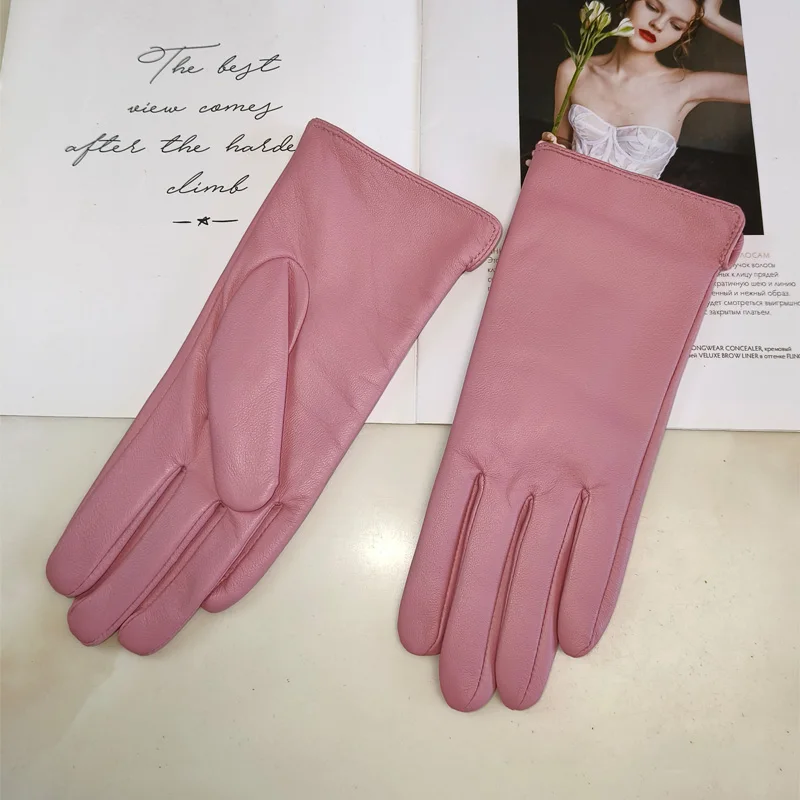 New Women's Leather Color Gloves Sheepskin Classic Straight Style Knitted Lining Spring Driving Mittens Autumn