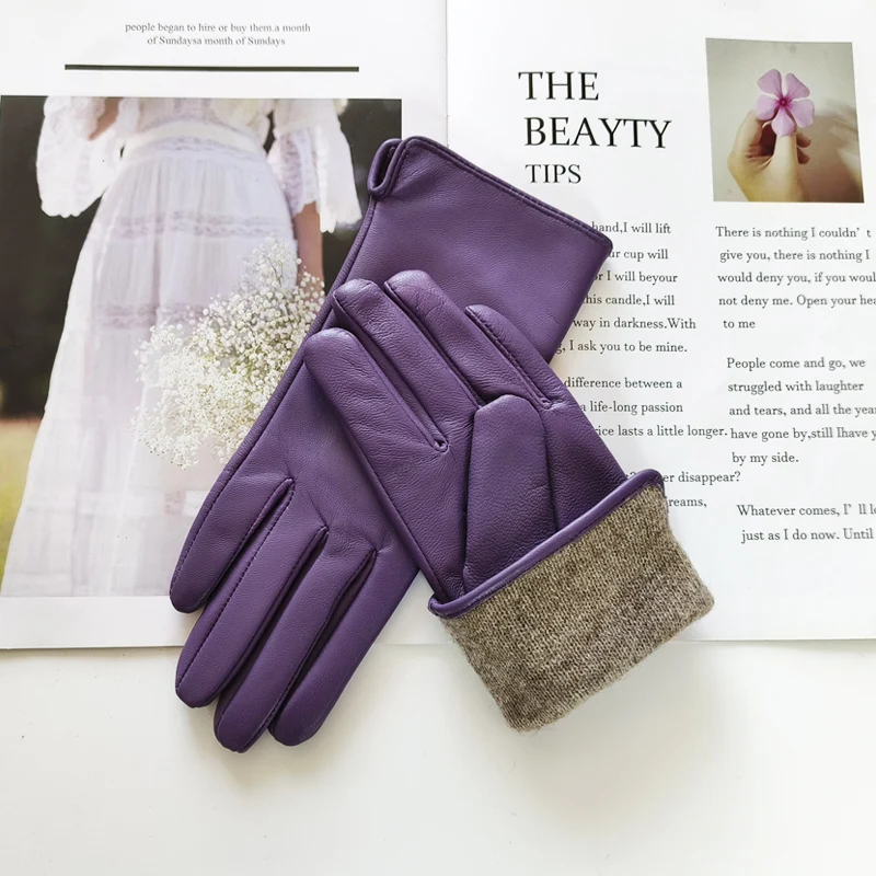 New Women's Leather Color Gloves Sheepskin Classic Straight Style Knitted Lining Spring Driving Mittens Autumn