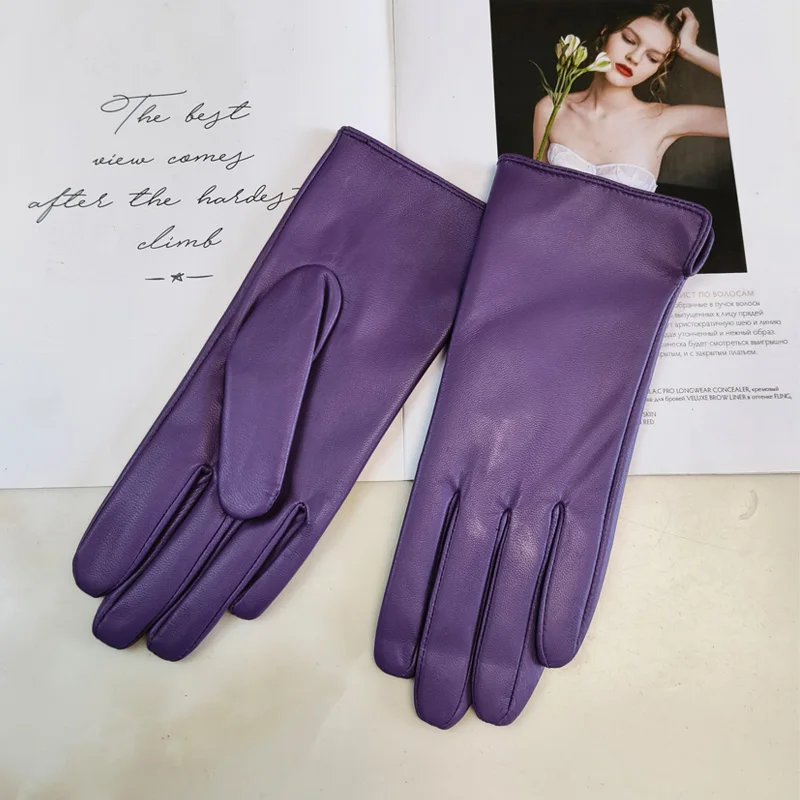 New Women's Leather Color Gloves Sheepskin Classic Straight Style Knitted Lining Spring Driving Mittens Autumn