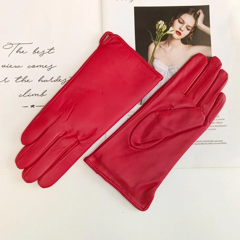 New Women's Leather Color Gloves Sheepskin Classic Straight Style Knitted Lining Spring Driving Mittens Autumn