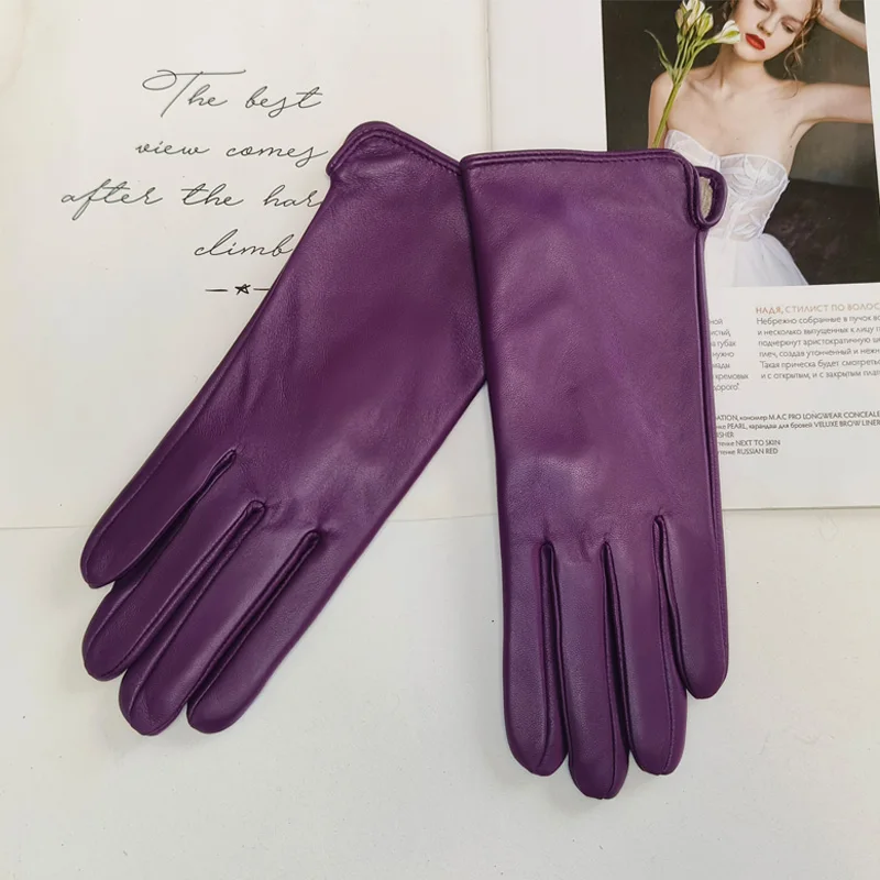 New Women's Leather Color Gloves Sheepskin Classic Straight Style Knitted Lining Spring Driving Mittens Autumn