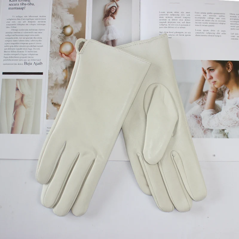 New Women's Leather Color Gloves Sheepskin Classic Straight Style Knitted Lining Spring Driving Mittens Autumn