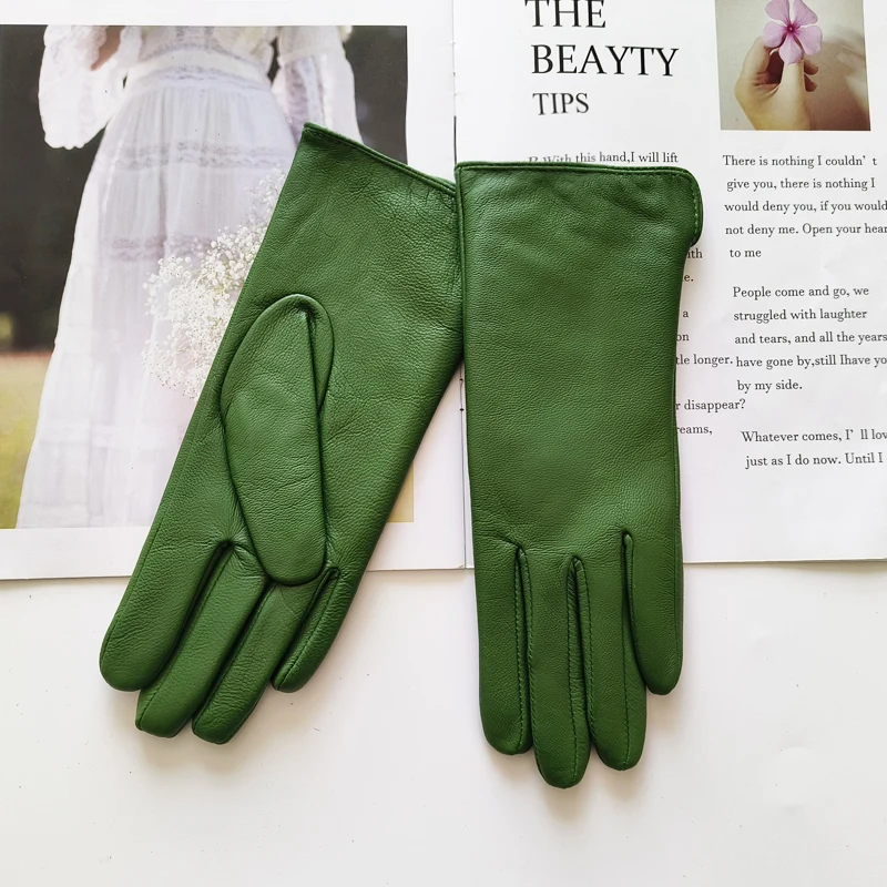 New Women's Leather Color Gloves Sheepskin Classic Straight Style Knitted Lining Spring Driving Mittens Autumn