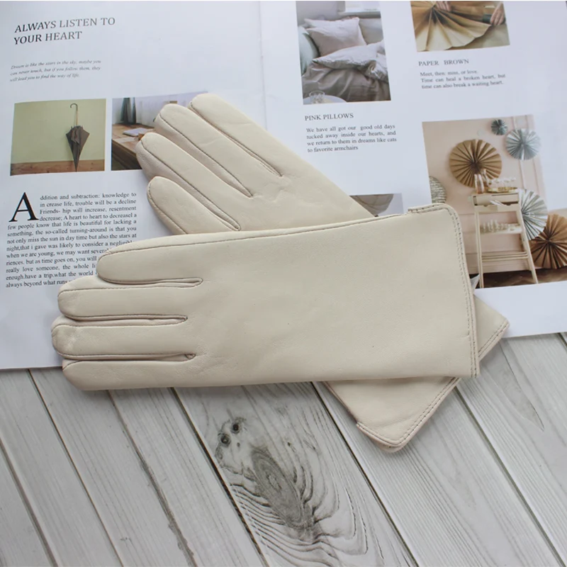 New Women's Leather Color Gloves Sheepskin Classic Straight Style Knitted Lining Spring Driving Mittens Autumn