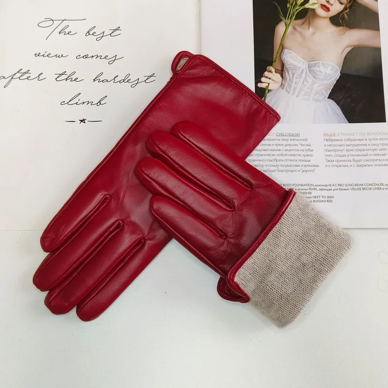 New Women's Leather Color Gloves Sheepskin Classic Straight Style Knitted Lining Spring Driving Mittens Autumn