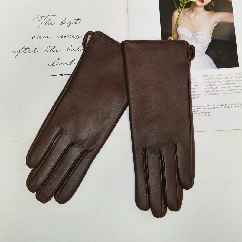 New Women's Leather Color Gloves Sheepskin Classic Straight Style Knitted Lining Spring Driving Mittens Autumn
