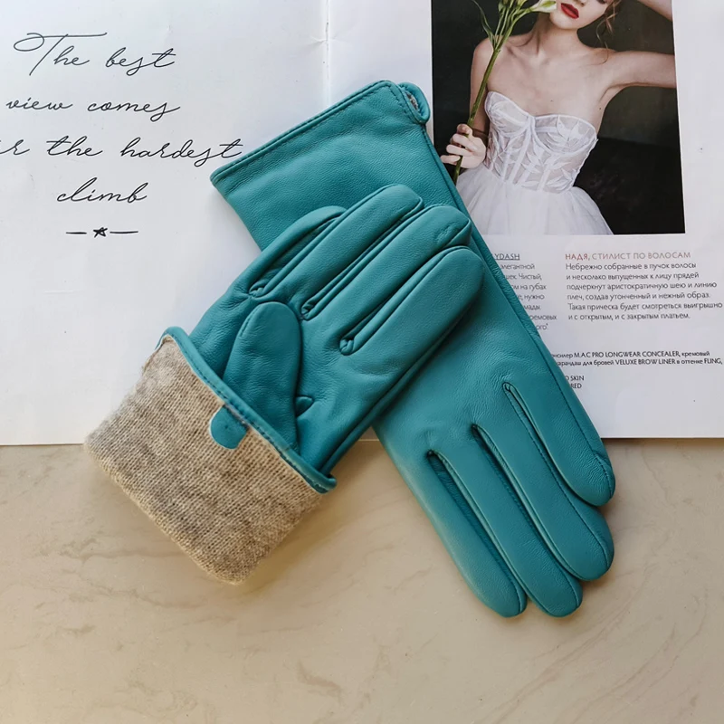 New Women's Leather Color Gloves Sheepskin Classic Straight Style Knitted Lining Spring Driving Mittens Autumn