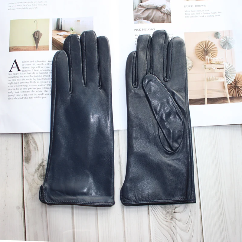 New Women's Leather Color Gloves Sheepskin Classic Straight Style Knitted Lining Spring Driving Mittens Autumn