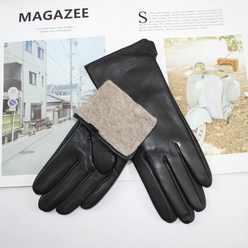 New Women's Leather Color Gloves Sheepskin Classic Straight Style Knitted Lining Spring Driving Mittens Autumn