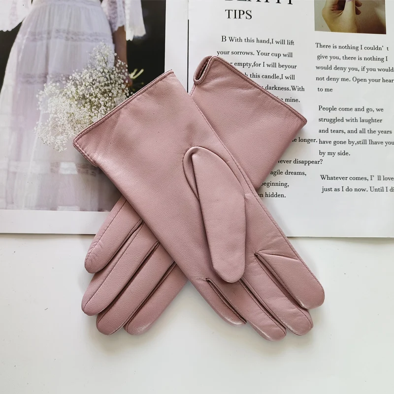 New Women's Leather Color Gloves Sheepskin Classic Straight Style Knitted Lining Spring Driving Mittens Autumn