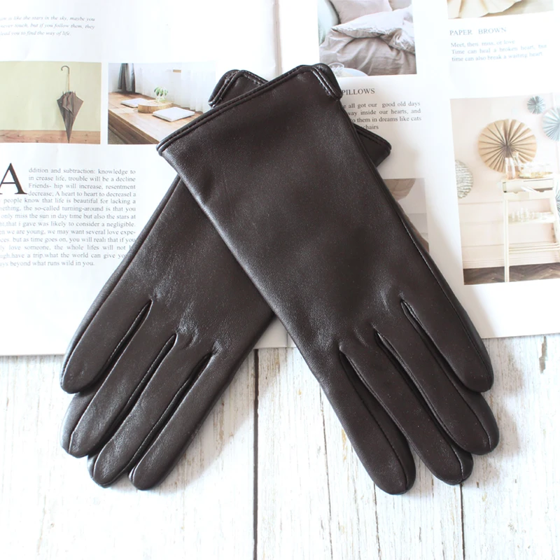 New Women's Leather Color Gloves Sheepskin Classic Straight Style Knitted Lining Spring Driving Mittens Autumn