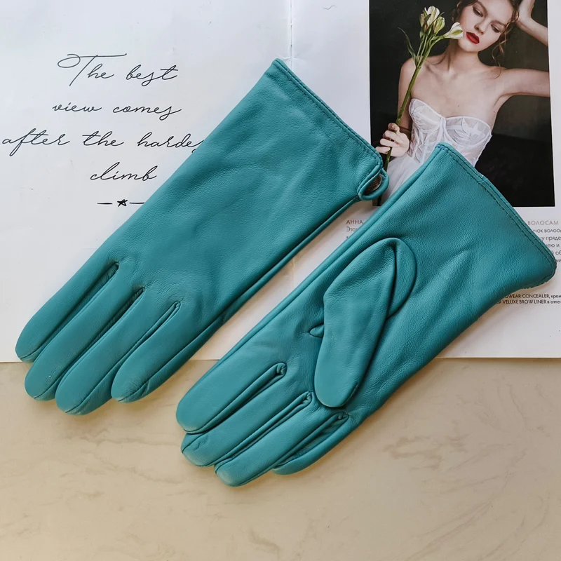 New Women's Leather Color Gloves Sheepskin Classic Straight Style Knitted Lining Spring Driving Mittens Autumn
