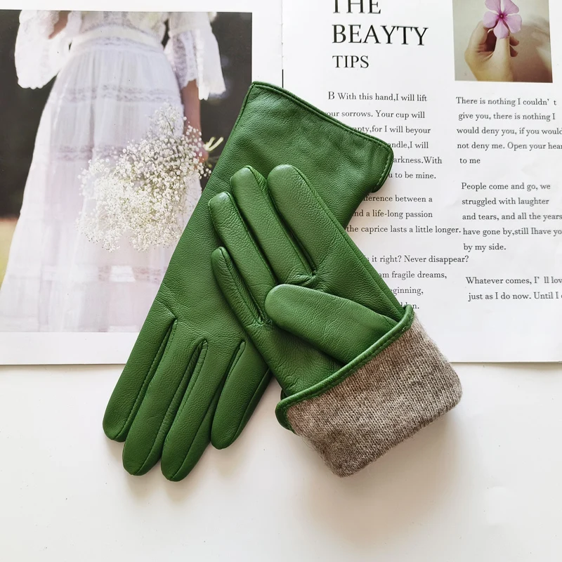 New Women's Leather Color Gloves Sheepskin Classic Straight Style Knitted Lining Spring Driving Mittens Autumn