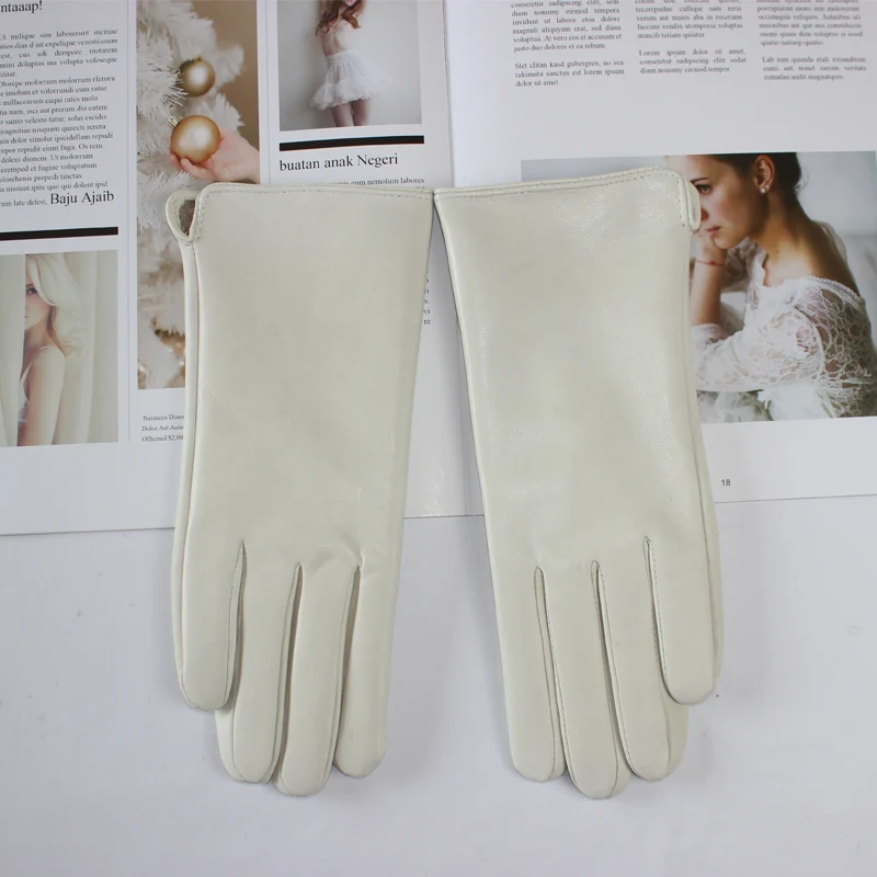 New Women's Leather Color Gloves Sheepskin Classic Straight Style Knitted Lining Spring Driving Mittens Autumn