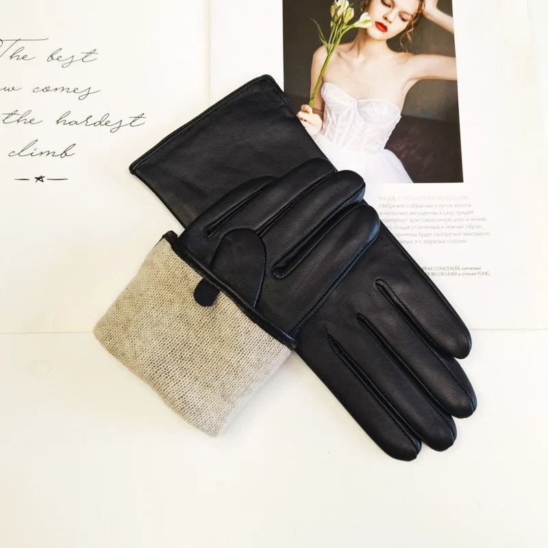 New Women's Leather Color Gloves Sheepskin Classic Straight Style Knitted Lining Spring Driving Mittens Autumn
