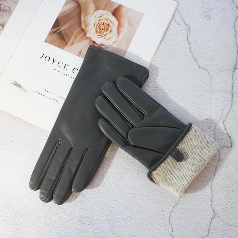 New Women's Leather Color Gloves Sheepskin Classic Straight Style Knitted Lining Spring Driving Mittens Autumn