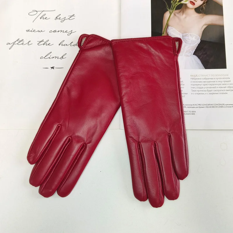 New Women's Leather Color Gloves Sheepskin Classic Straight Style Knitted Lining Spring Driving Mittens Autumn