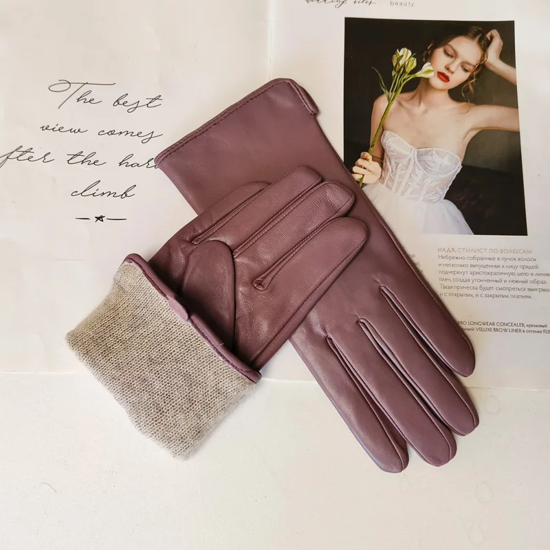 New Women's Leather Color Gloves Sheepskin Classic Straight Style Knitted Lining Spring Driving Mittens Autumn
