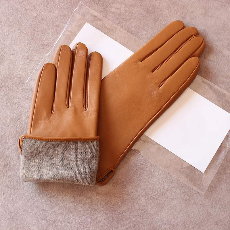 Women's Color Sheepskin Leather Gloves Straight Style Fleece Lined for Spring Autumn Outdoor Travel Cycling Car Driving