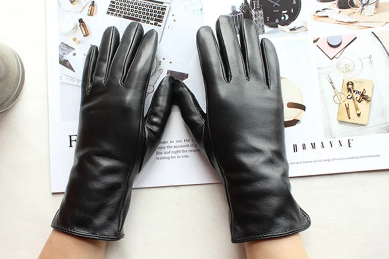 Women's Color Sheepskin Leather Gloves Straight Style Fleece Lined for Spring Autumn Outdoor Travel Cycling Car Driving