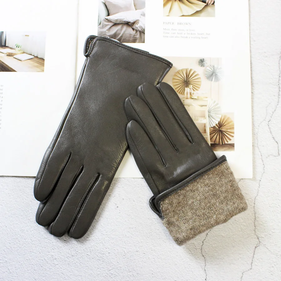 Women's Color Sheepskin Leather Gloves Straight Style Fleece Lined for Spring Autumn Outdoor Travel Cycling Car Driving