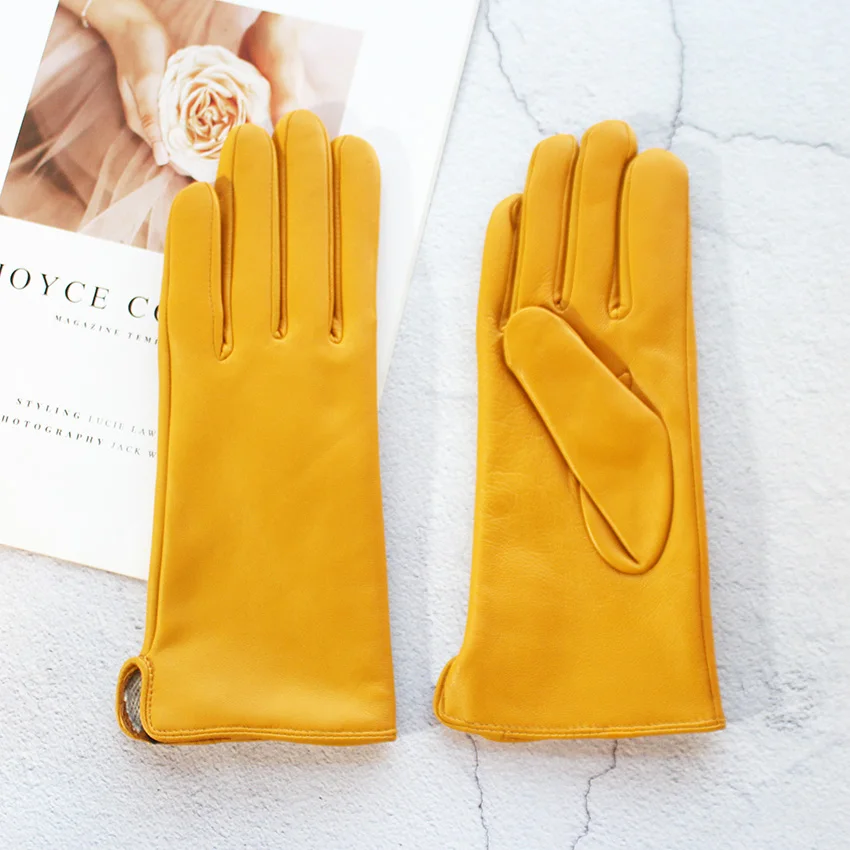 Women's Color Sheepskin Leather Gloves Straight Style Fleece Lined for Spring Autumn Outdoor Travel Cycling Car Driving