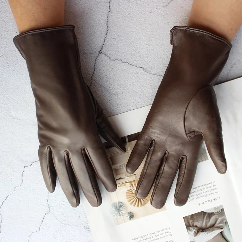Women's Color Sheepskin Leather Gloves Straight Style Fleece Lined for Spring Autumn Outdoor Travel Cycling Car Driving