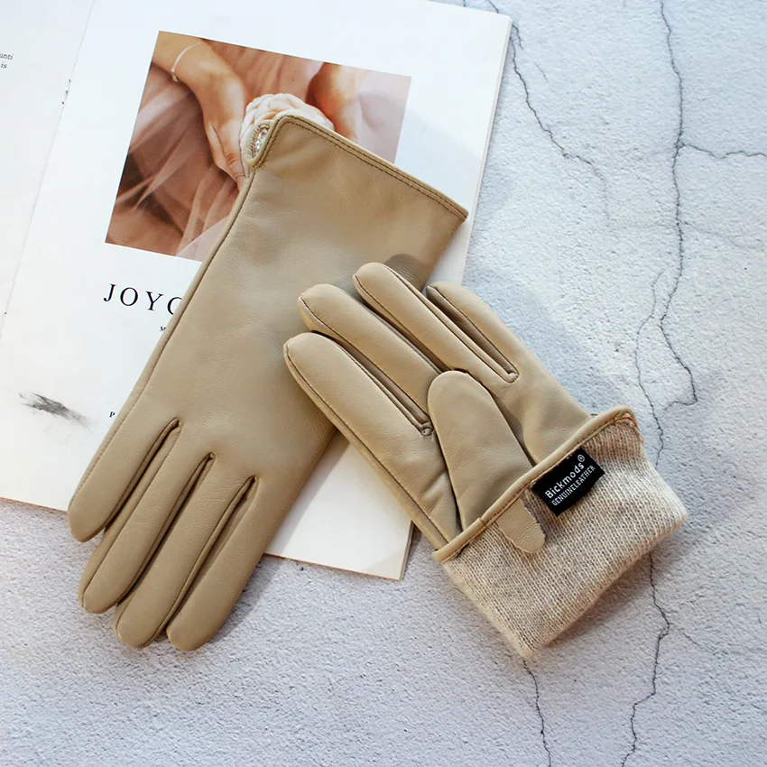 Women's Color Sheepskin Leather Gloves Straight Style Fleece Lined for Spring Autumn Outdoor Travel Cycling Car Driving
