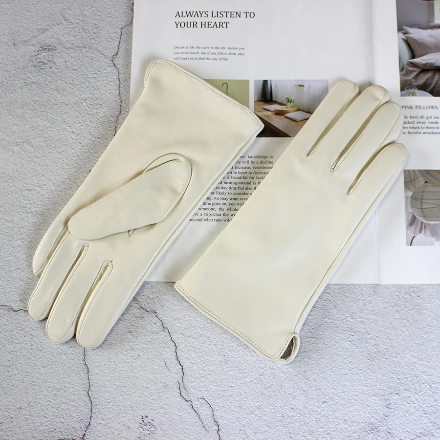 Women's Color Sheepskin Leather Gloves Straight Style Fleece Lined for Spring Autumn Outdoor Travel Cycling Car Driving