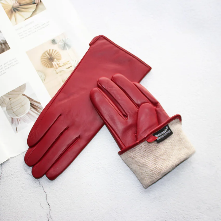 Women's Color Sheepskin Leather Gloves Straight Style Fleece Lined for Spring Autumn Outdoor Travel Cycling Car Driving