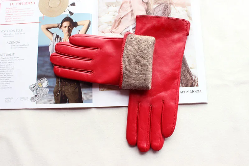 Women's Color Sheepskin Leather Gloves Straight Style Fleece Lined for Spring Autumn Outdoor Travel Cycling Car Driving