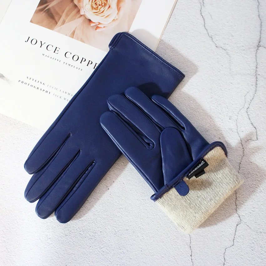 Women's Color Sheepskin Leather Gloves Straight Style Fleece Lined for Spring Autumn Outdoor Travel Cycling Car Driving