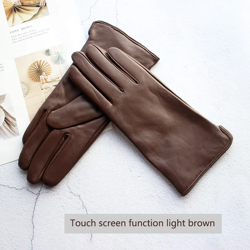 Women's Color Sheepskin Leather Gloves Straight Style Fleece Lined for Spring Autumn Outdoor Travel Cycling Car Driving
