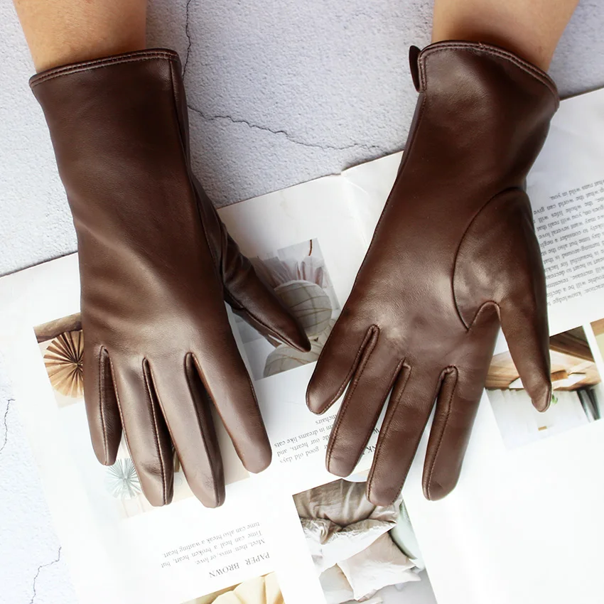 Women's Color Sheepskin Leather Gloves Straight Style Fleece Lined for Spring Autumn Outdoor Travel Cycling Car Driving