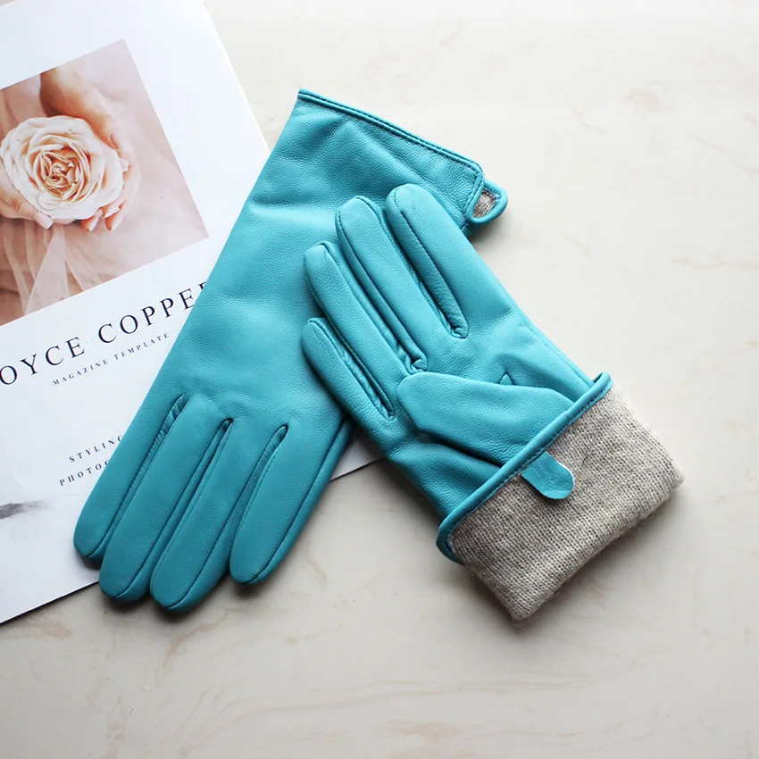 Women's Color Sheepskin Leather Gloves Straight Style Fleece Lined for Spring Autumn Outdoor Travel Cycling Car Driving