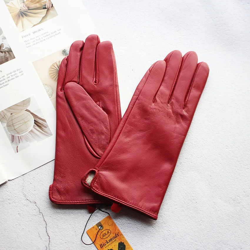 Women's Color Sheepskin Leather Gloves Straight Style Fleece Lined for Spring Autumn Outdoor Travel Cycling Car Driving