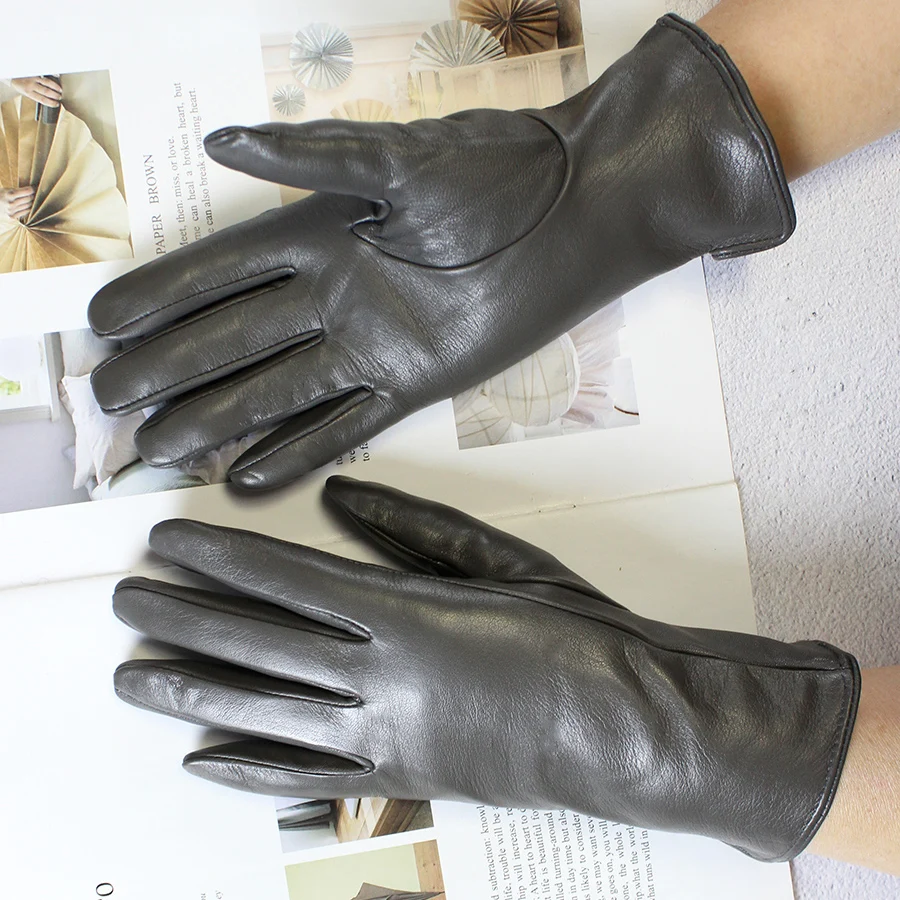 Women's Color Sheepskin Leather Gloves Straight Style Fleece Lined for Spring Autumn Outdoor Travel Cycling Car Driving