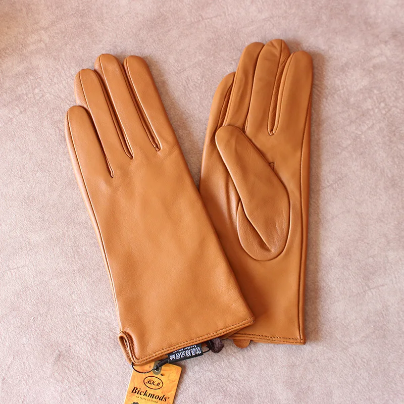 Women's Color Sheepskin Leather Gloves Straight Style Fleece Lined for Spring Autumn Outdoor Travel Cycling Car Driving