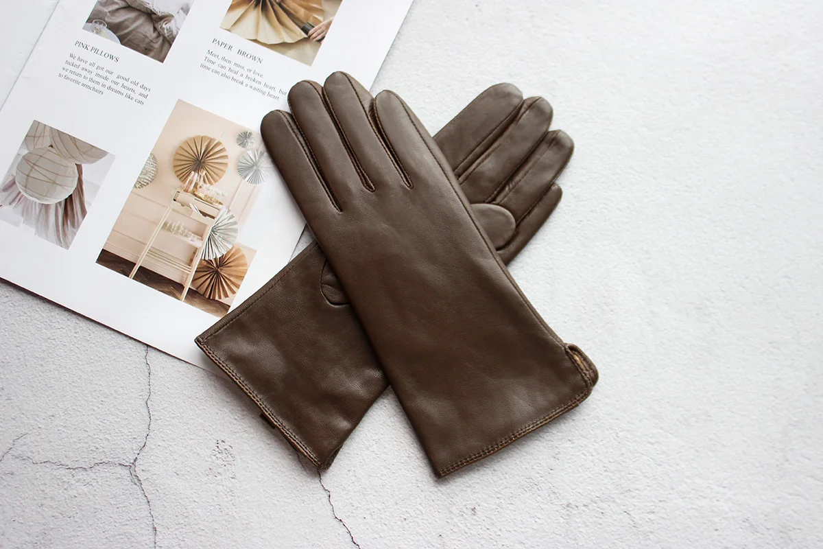 Women's Color Sheepskin Leather Gloves Straight Style Fleece Lined for Spring Autumn Outdoor Travel Cycling Car Driving