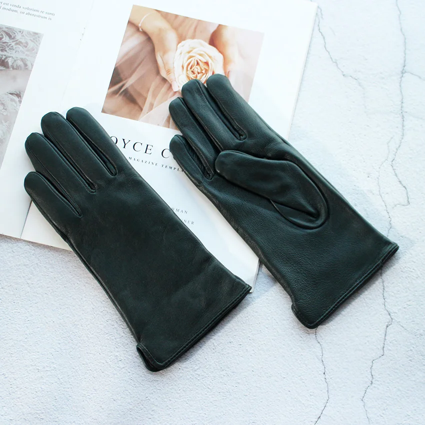 Women's Color Sheepskin Leather Gloves Straight Style Fleece Lined for Spring Autumn Outdoor Travel Cycling Car Driving