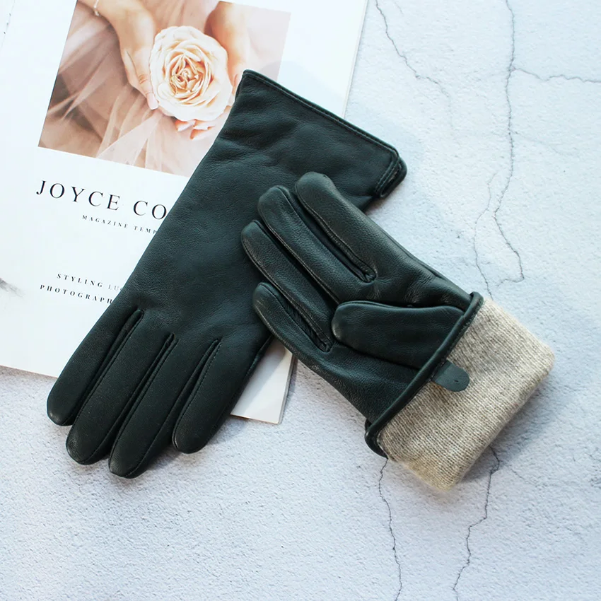 Women's Color Sheepskin Leather Gloves Straight Style Fleece Lined for Spring Autumn Outdoor Travel Cycling Car Driving