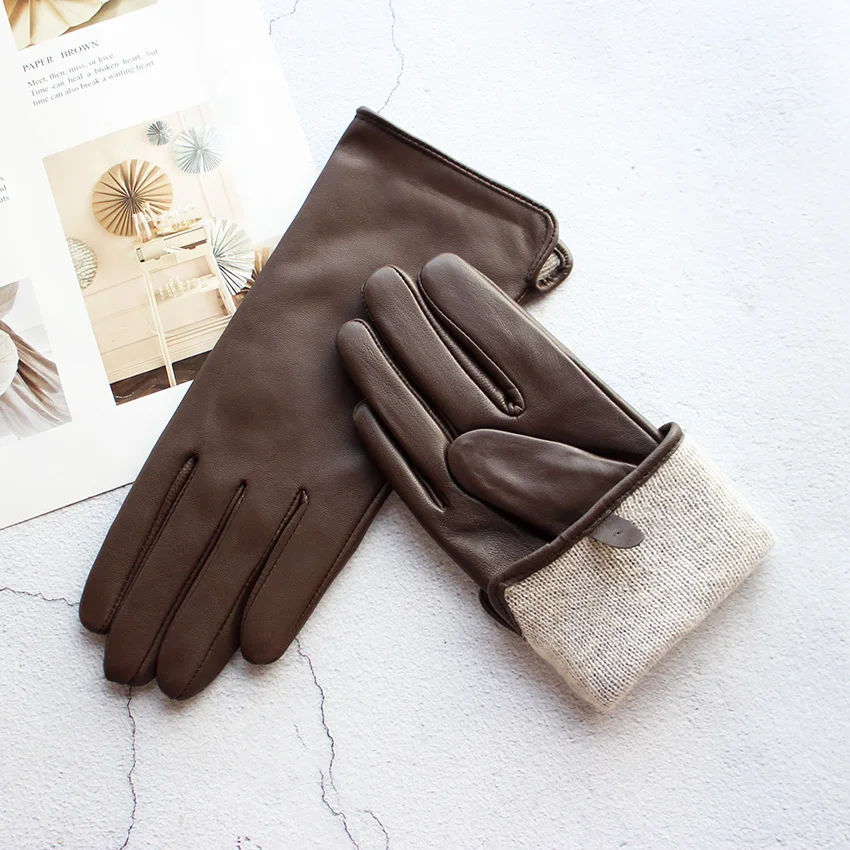 Women's Color Sheepskin Leather Gloves Straight Style Fleece Lined for Spring Autumn Outdoor Travel Cycling Car Driving